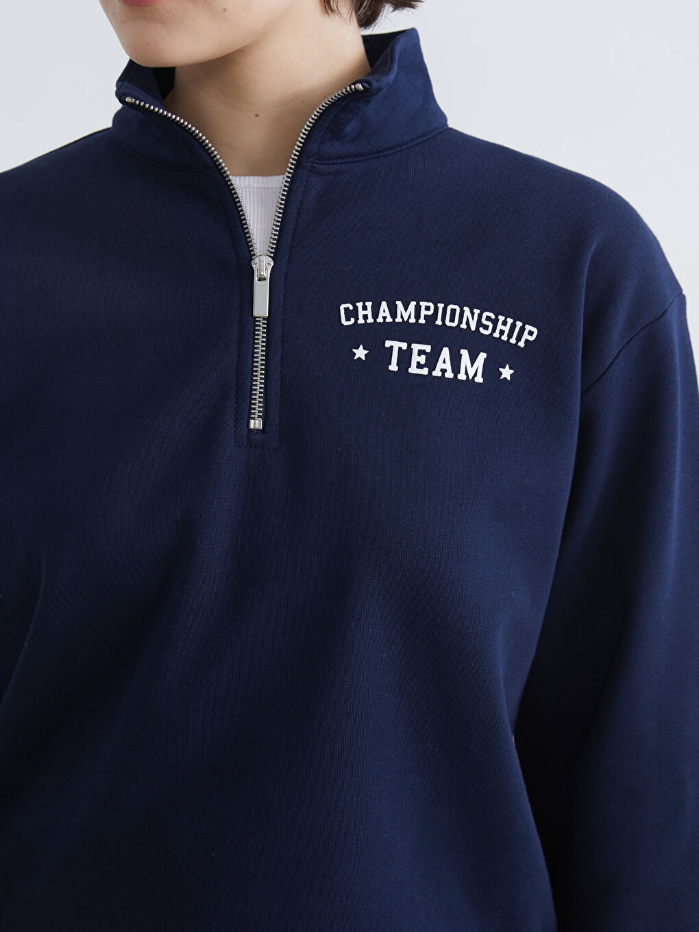 Lacivert Dik Yaka Baskılı Oversize Kadın Kalın Sweatshirt-2