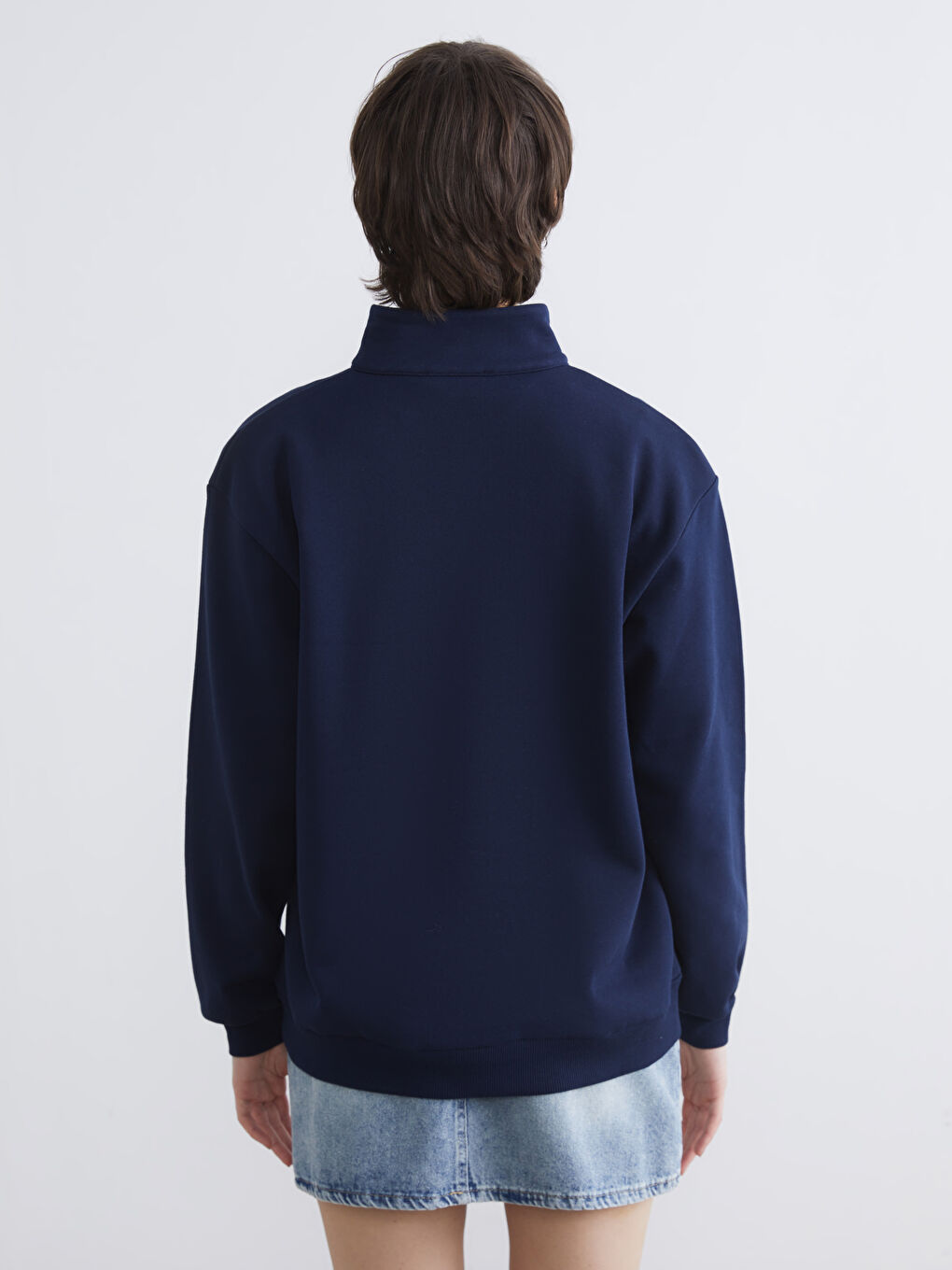 Lacivert Dik Yaka Baskılı Oversize Kadın Kalın Sweatshirt-3