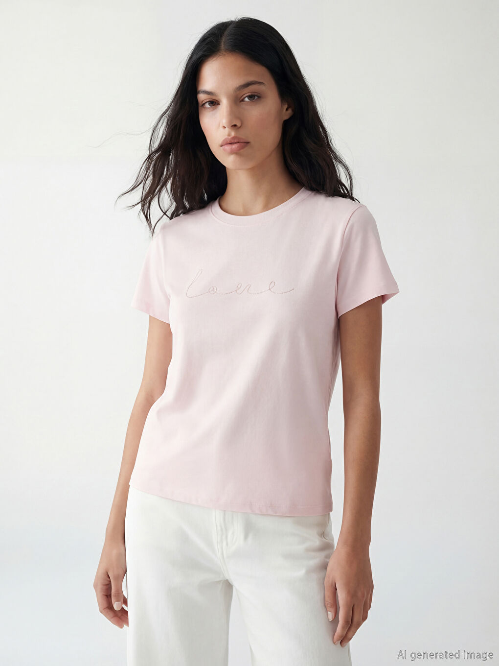 Pembe Bisiklet Yaka Nakışlı Kadın Tişört