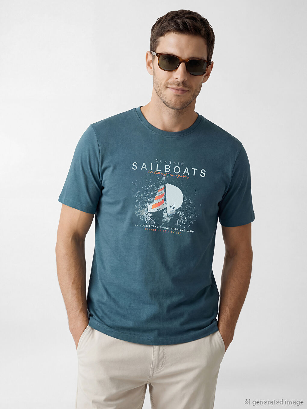 تي شيرت رجالي مطبوع بياقة دائرية من الجيرسي