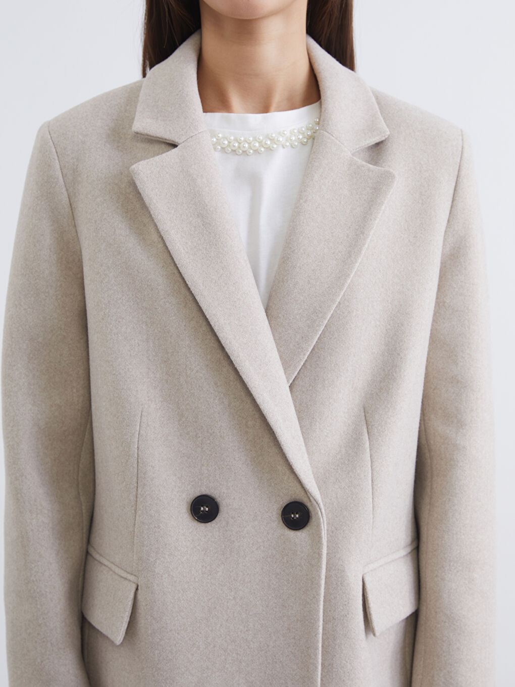 Bej Kruvaze Yaka Kadın Kaşe Blazer Ceket-3