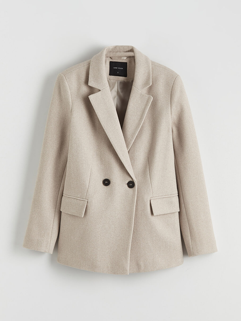 Bej Kruvaze Yaka Kadın Kaşe Blazer Ceket-5