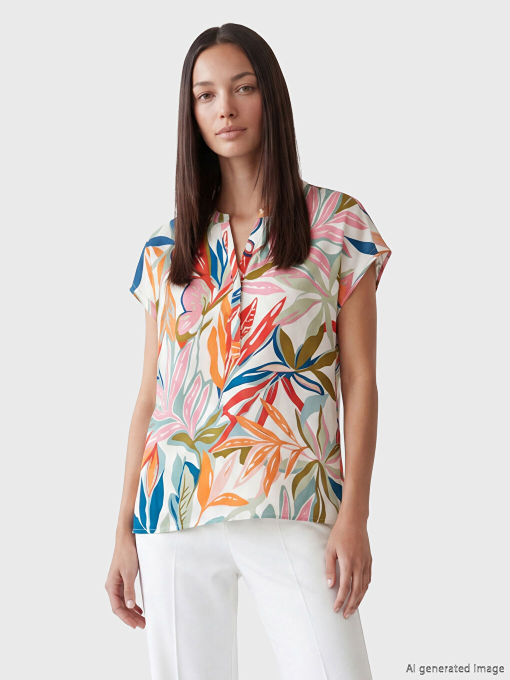 V Neck Leaf Patterned Blouse