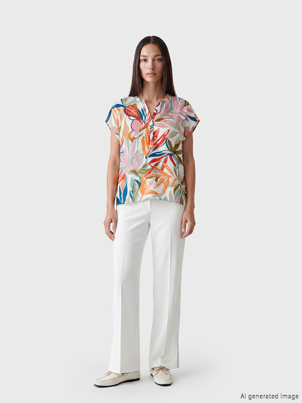 V Neck Leaf Patterned Blouse-1