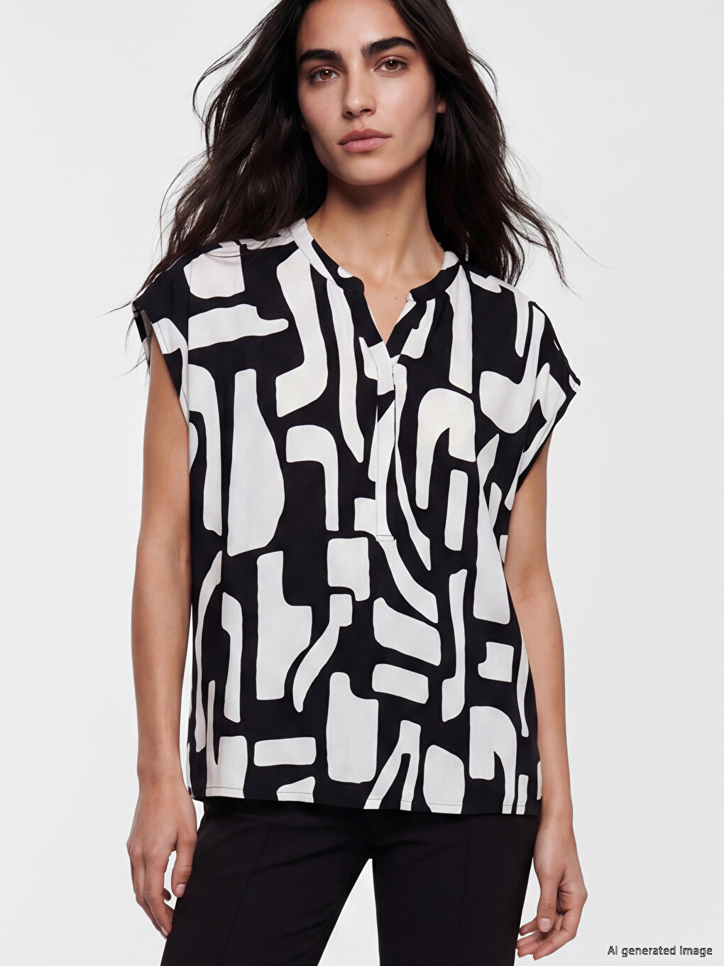 Grandad Collar Patterned Short Sleeve Women's Blouse