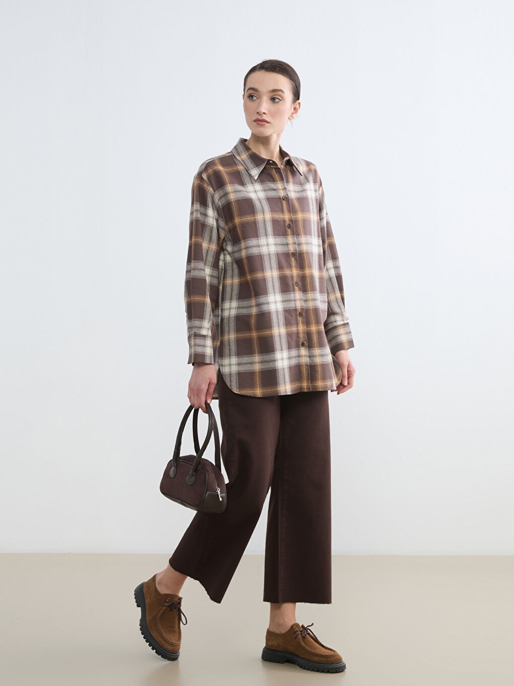 Kahverengi Ekose Kadın Oduncu Gömlek Tunik	-1