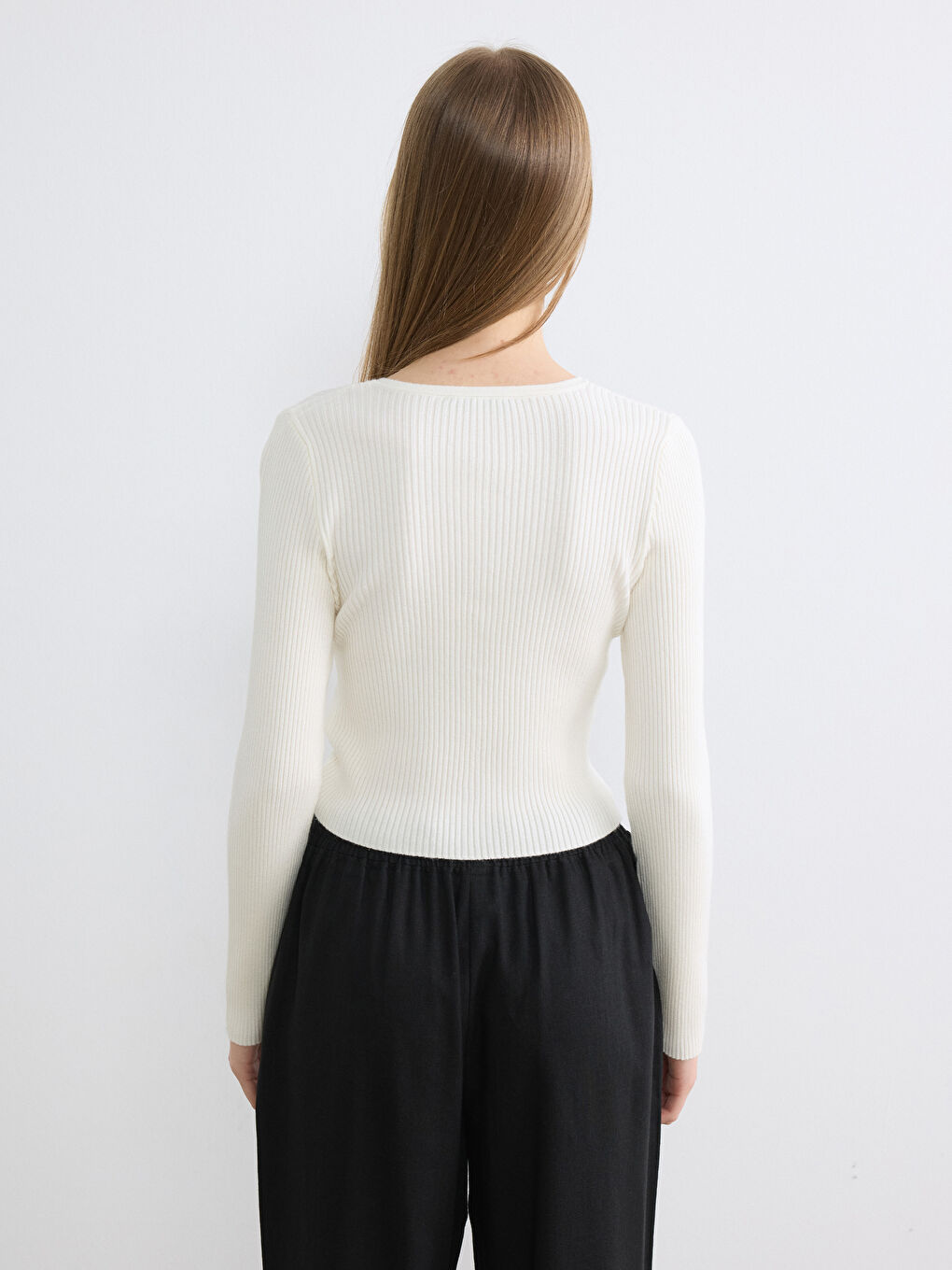 Crew Neck Ribbed Women's Tricot Cardigan-3