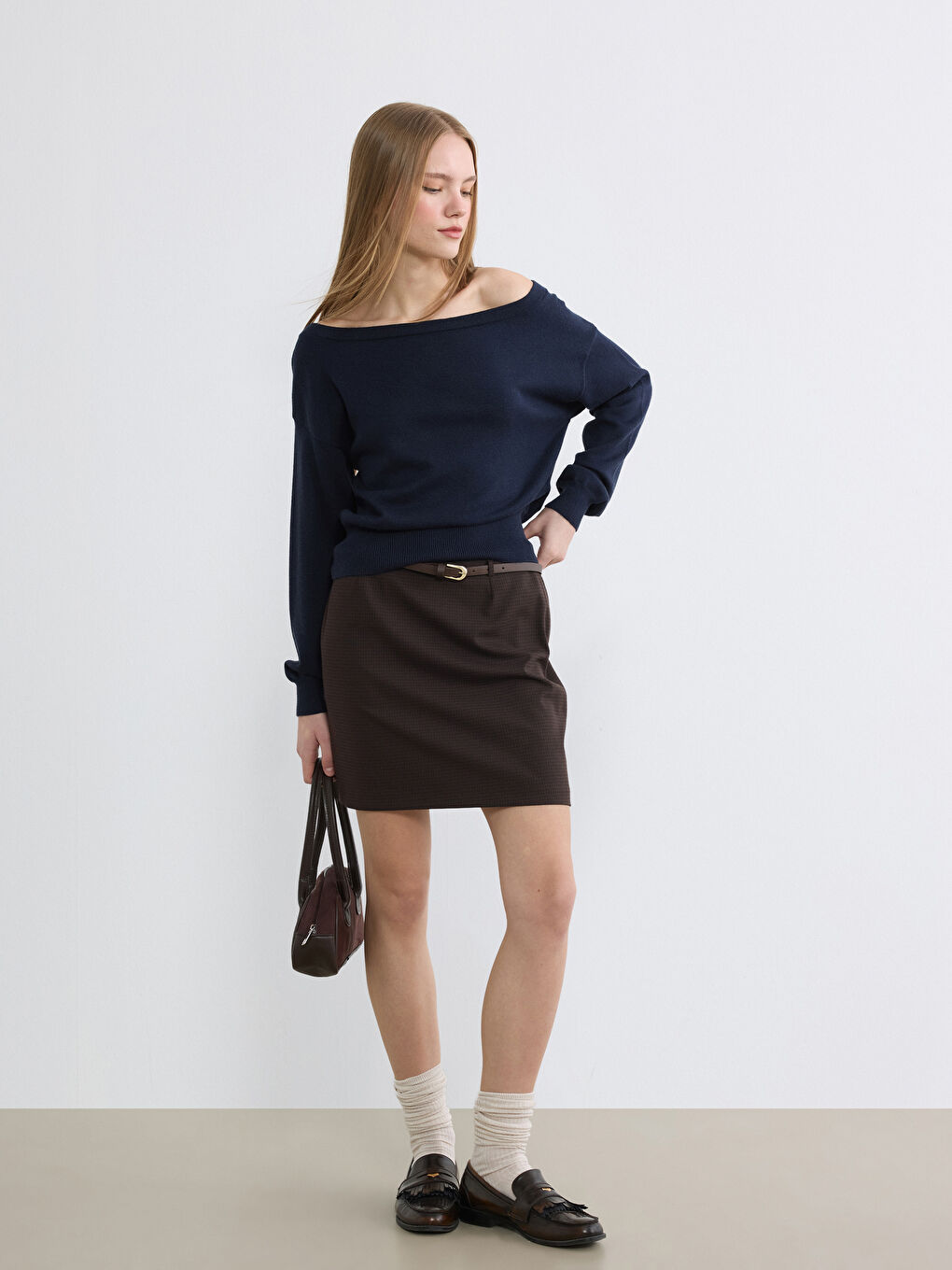 Lacivert Kayık Yaka Kadın Triko Kazak-1