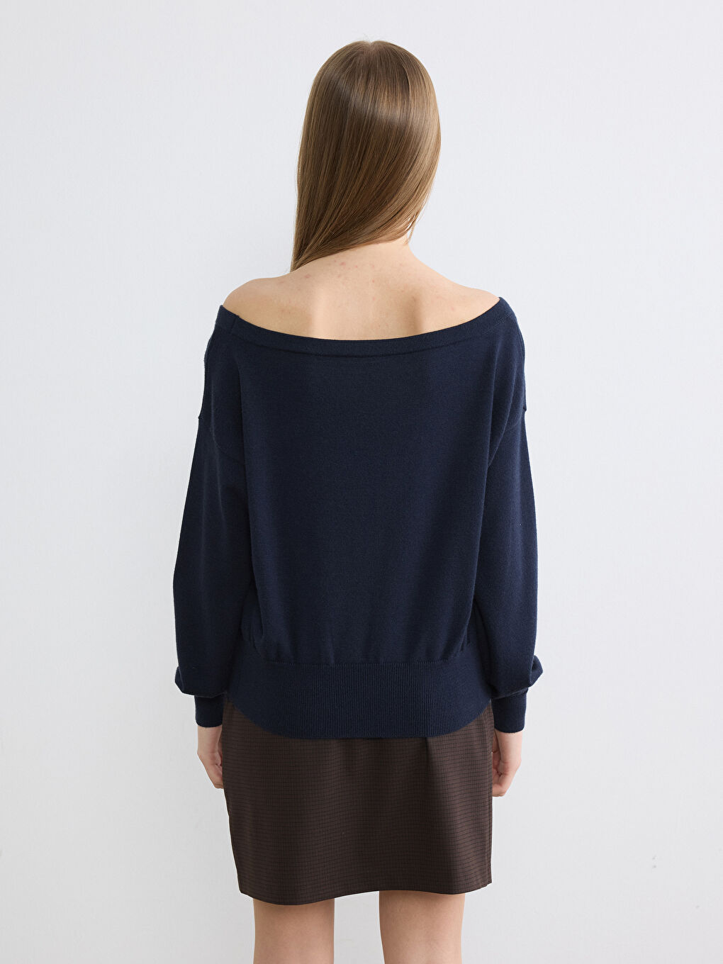 Lacivert Kayık Yaka Kadın Triko Kazak-3