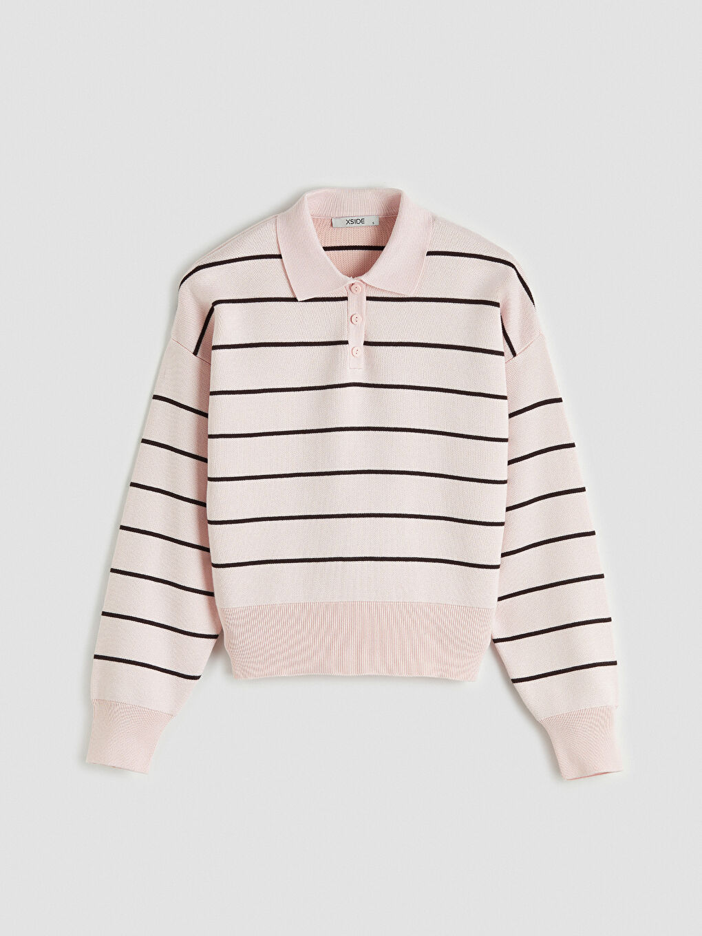 Pembe Polo Yaka Çizgili Kadın Triko Kazak