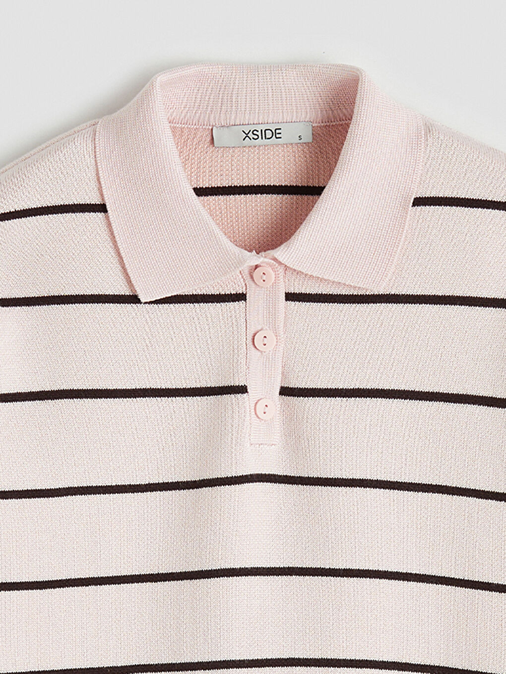 Pembe Polo Yaka Çizgili Kadın Triko Kazak-1