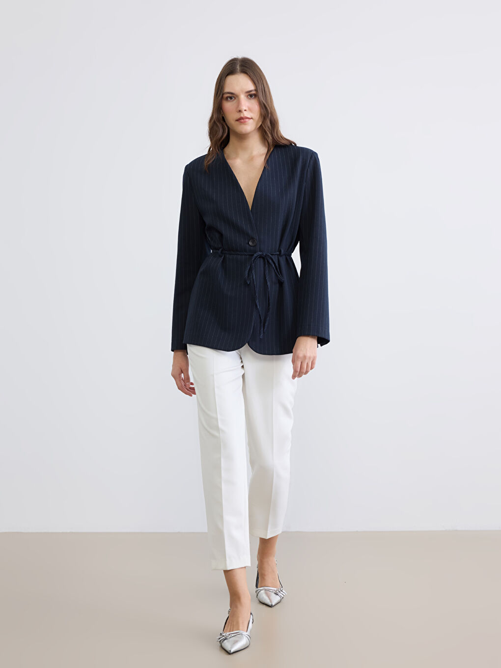 Lacivert Çizgili Kuşaklı Kadın Blazer Ceket-2