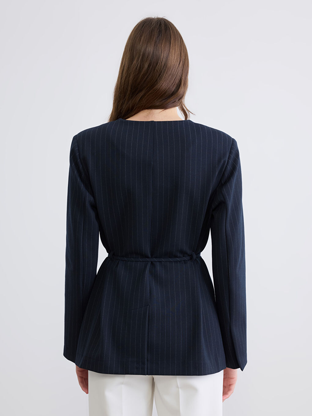 Lacivert Çizgili Kuşaklı Kadın Blazer Ceket-4