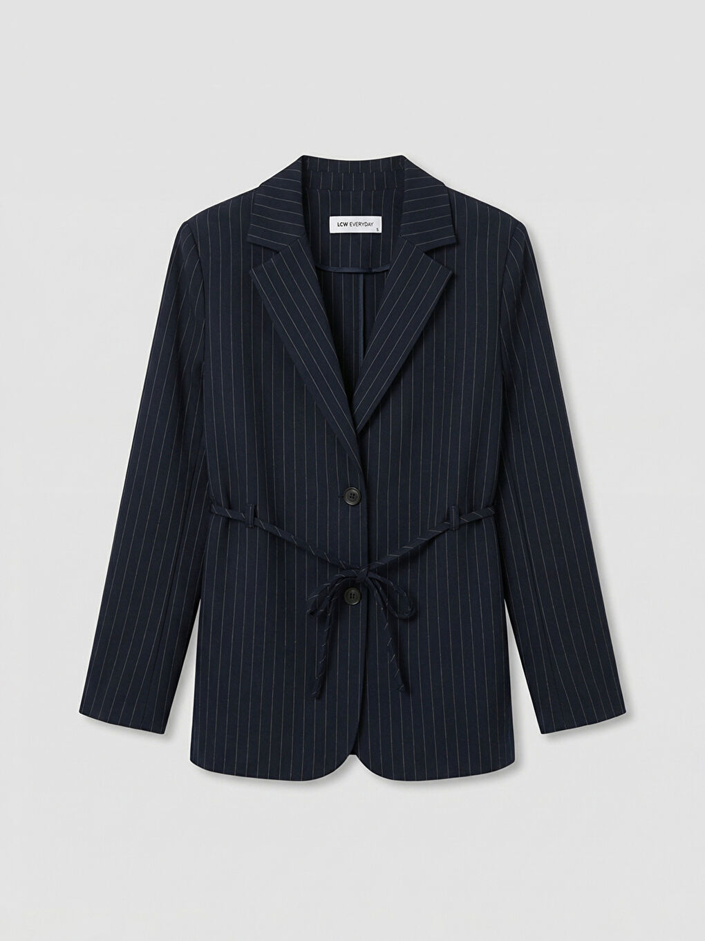 Lacivert Çizgili Kuşaklı Kadın Blazer Ceket