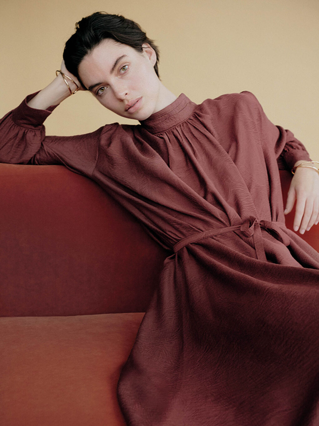 Mock Neck Sash Detailed Oversize Ruched Women's Dress-1