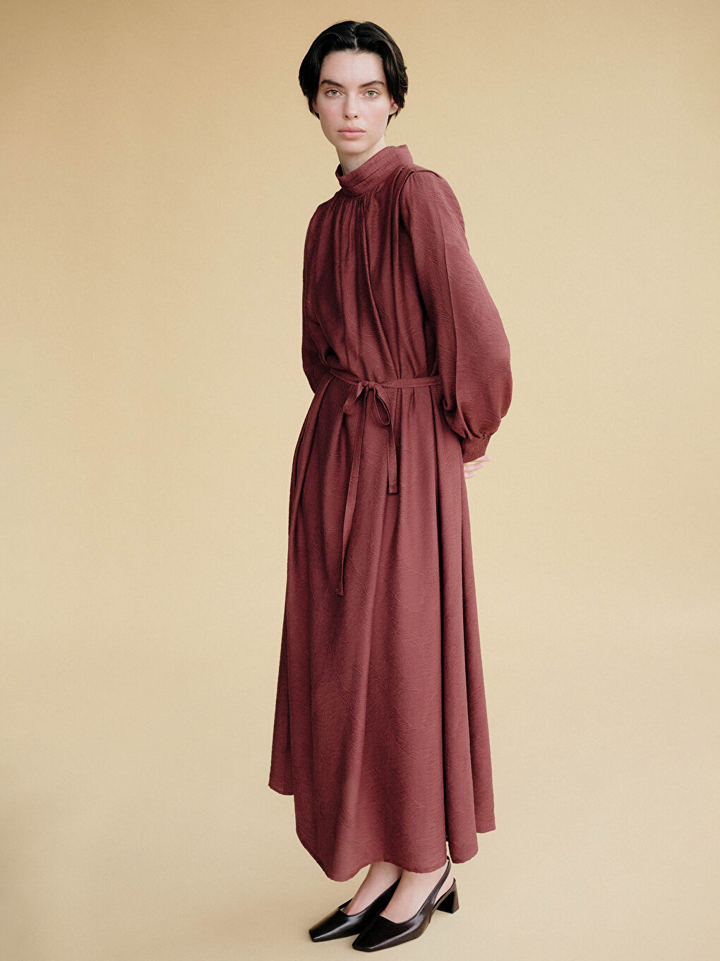 Mock Neck Sash Detailed Oversize Ruched Women's Dress-2