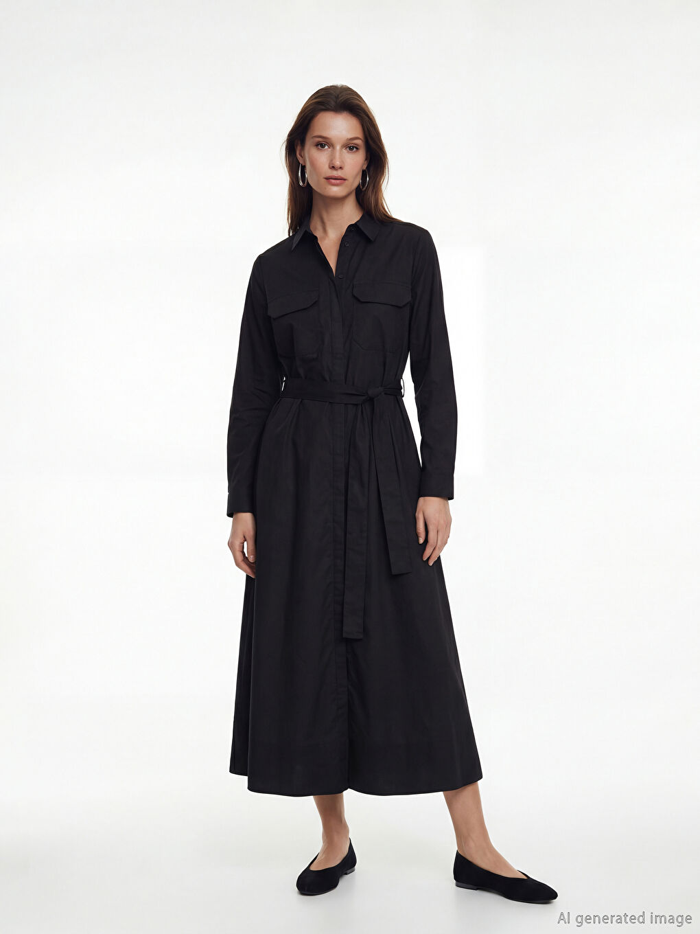 Siyah Kuşaklı Poplin Gömlek Elbise-1