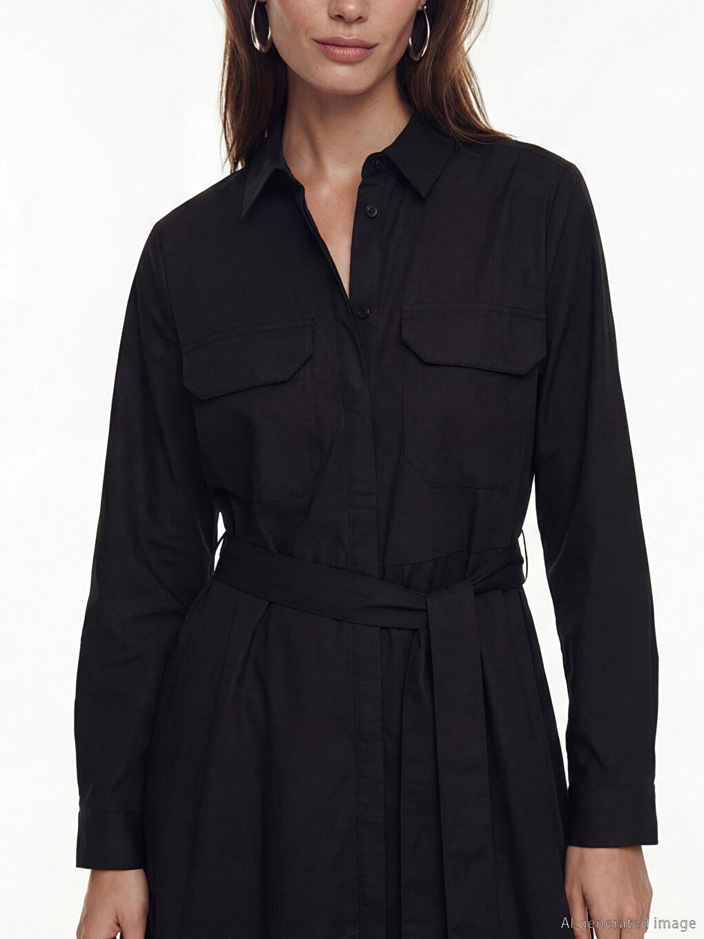 Siyah Kuşaklı Poplin Gömlek Elbise-2