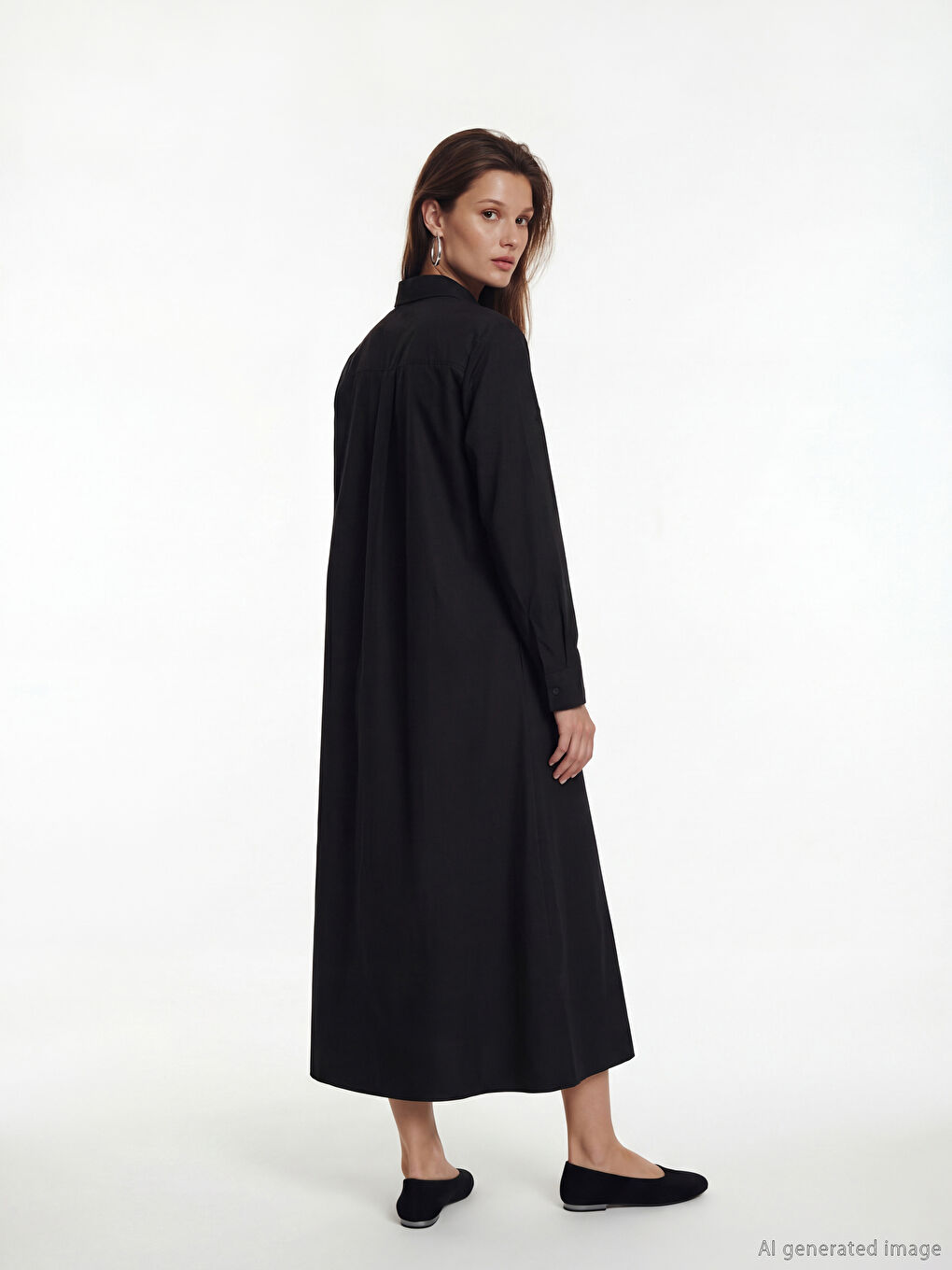 Siyah Kuşaklı Poplin Gömlek Elbise-3