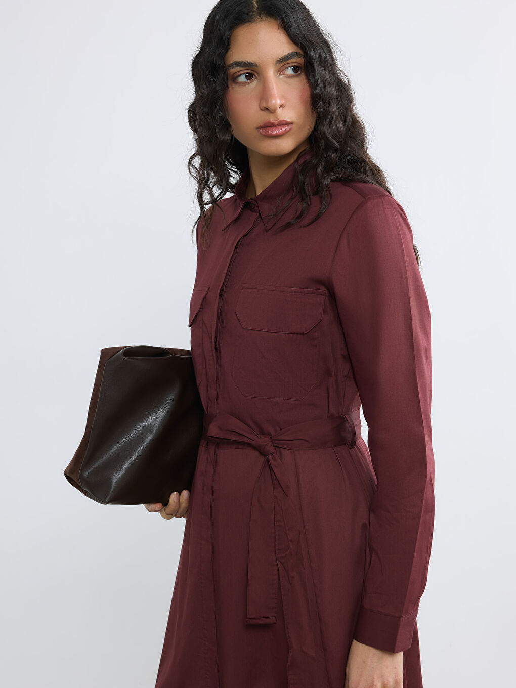 Bordo Kuşaklı Poplin Gömlek Elbise-1