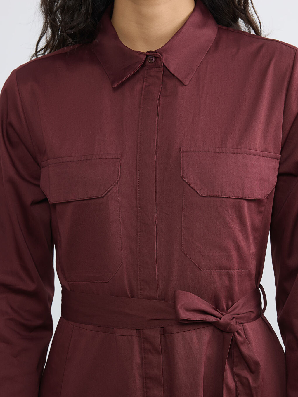 Bordo Kuşaklı Poplin Gömlek Elbise-2