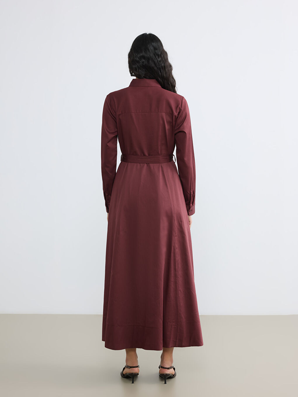 Bordo Kuşaklı Poplin Gömlek Elbise-3