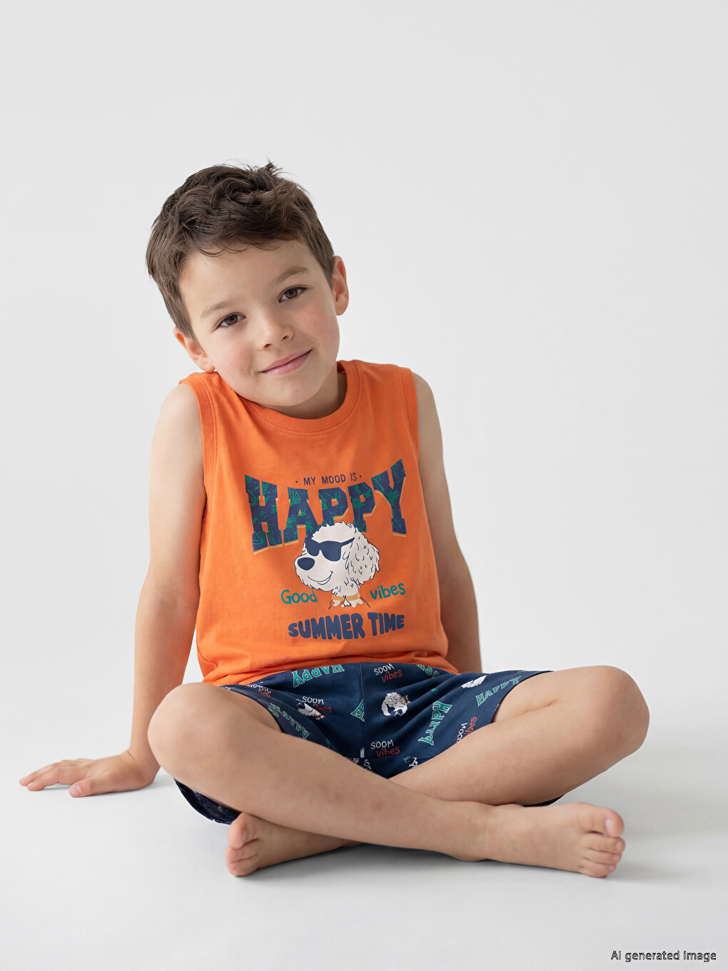 Turuncu Bisiklet Yaka Erkek Çocuk Şortlu Pijama Takımı-1