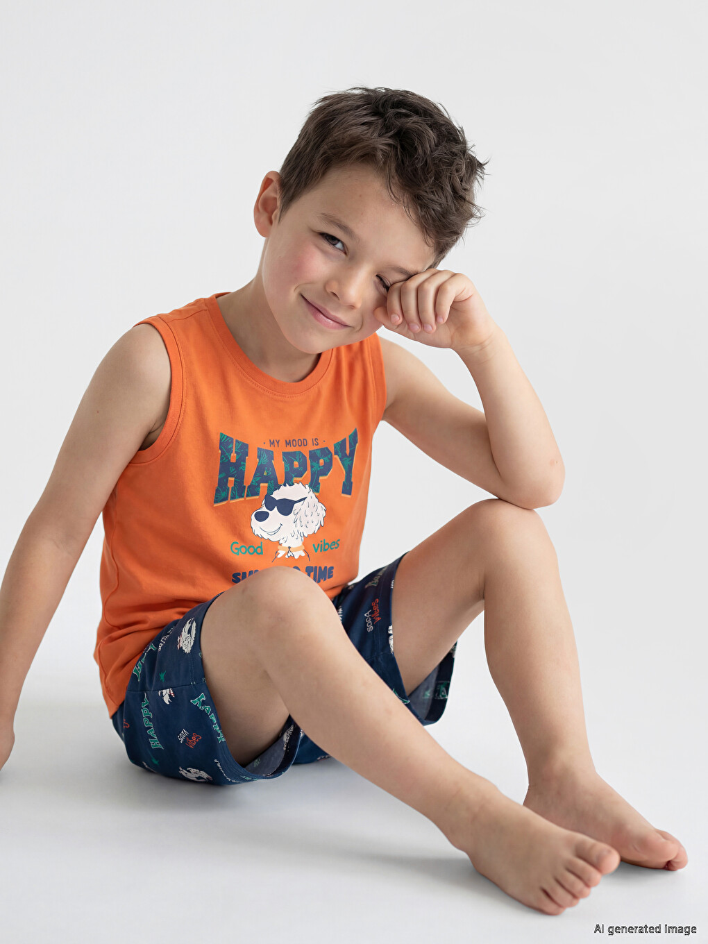 Turuncu Bisiklet Yaka Erkek Çocuk Şortlu Pijama Takımı-2