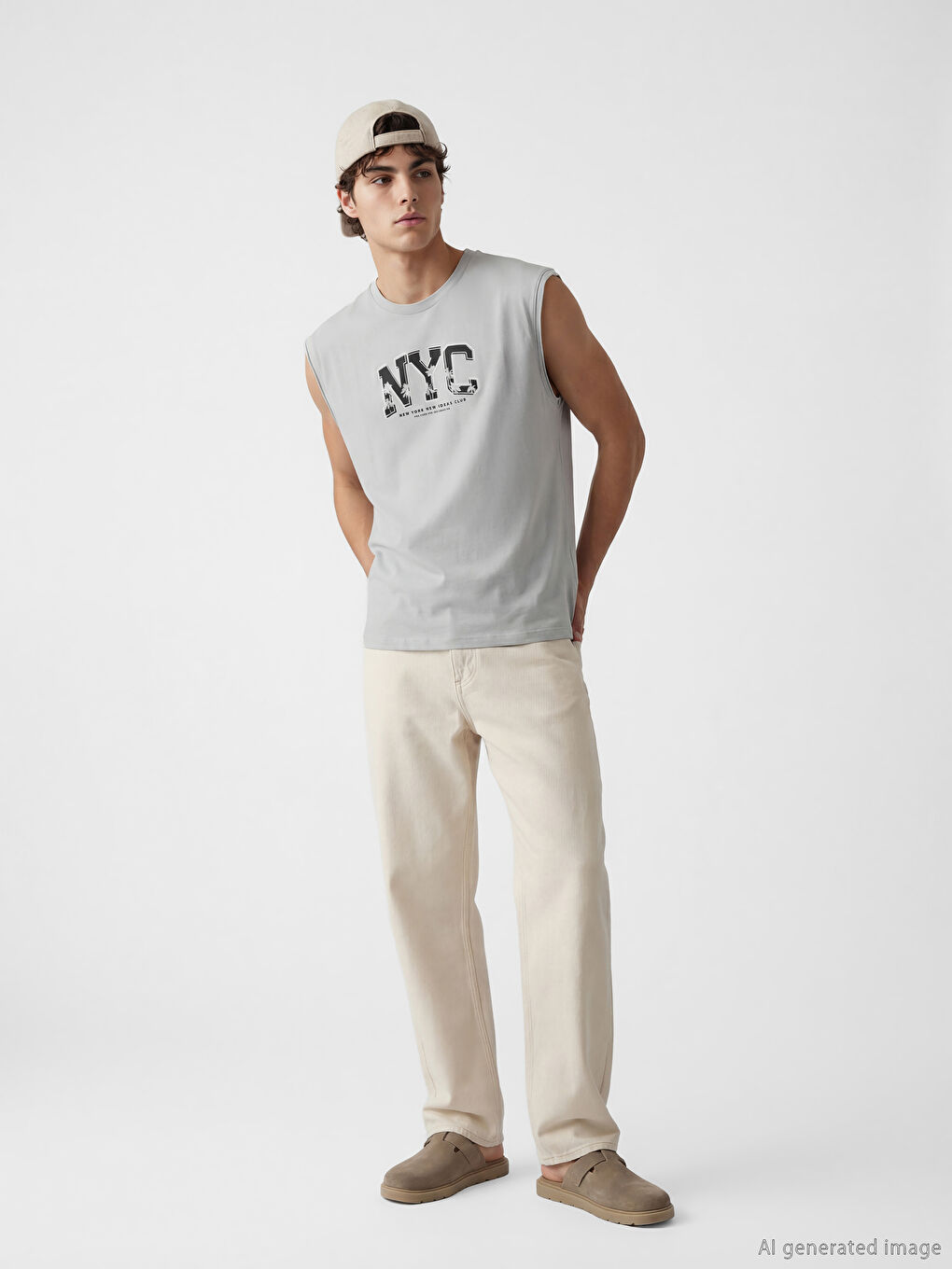 تي شيرت رجالي بدون أكمام مطبوع بياقة دائرية-1