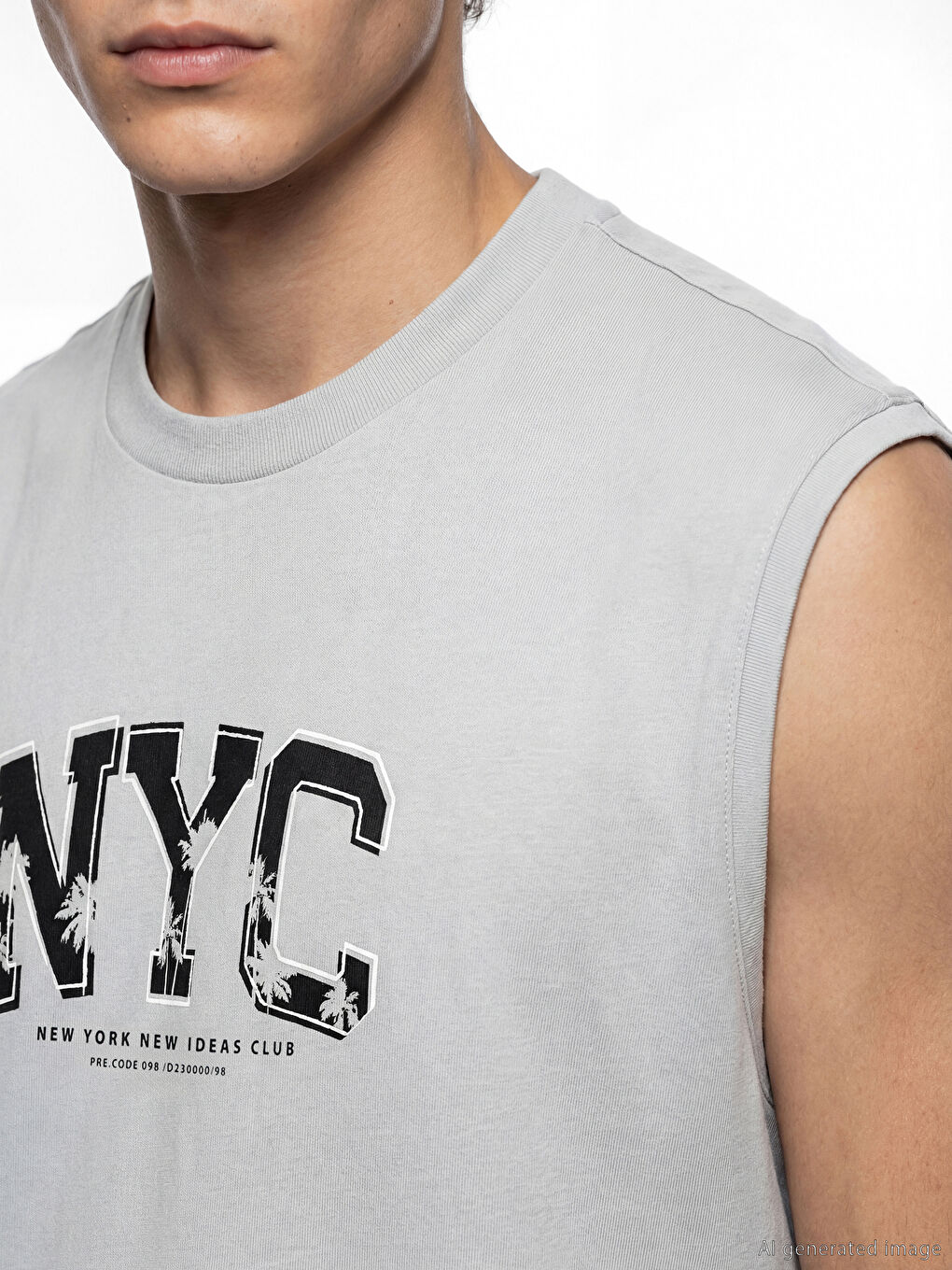 تي شيرت رجالي بدون أكمام مطبوع بياقة دائرية-2