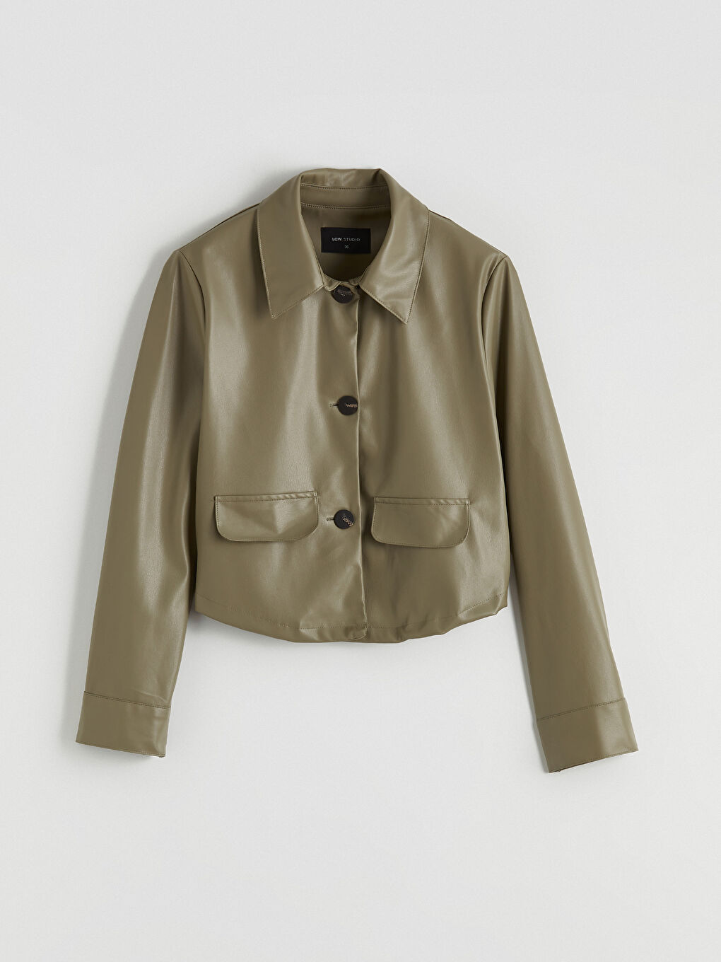 Yeşil Gömlek Yaka Kadın Deri Görünümlü Ceket-4