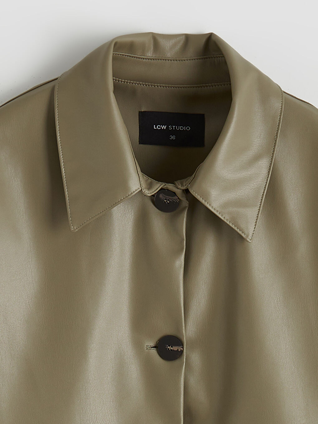 Yeşil Gömlek Yaka Kadın Deri Görünümlü Ceket-5