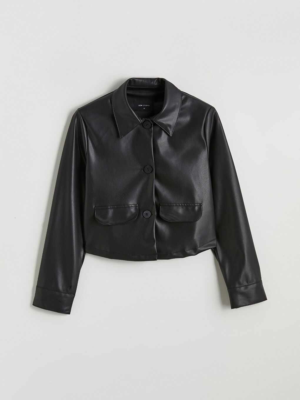 Siyah Gömlek Yaka Kadın Deri Görünümlü Ceket-4