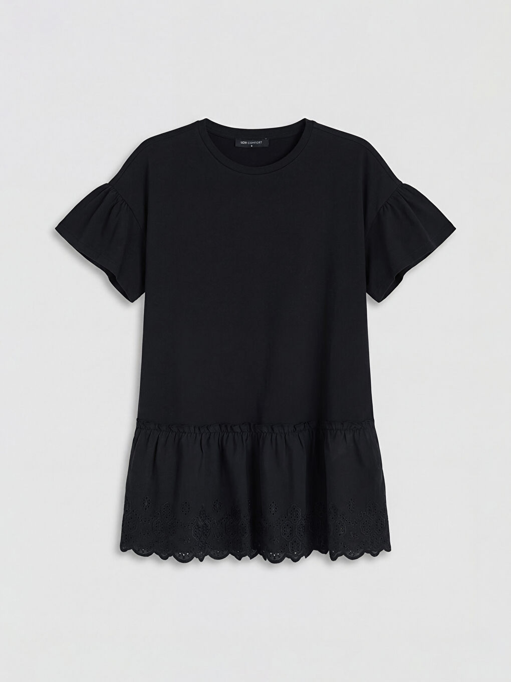 Siyah Bisiklet Yaka Nakışlı Fırfırlı Bluz