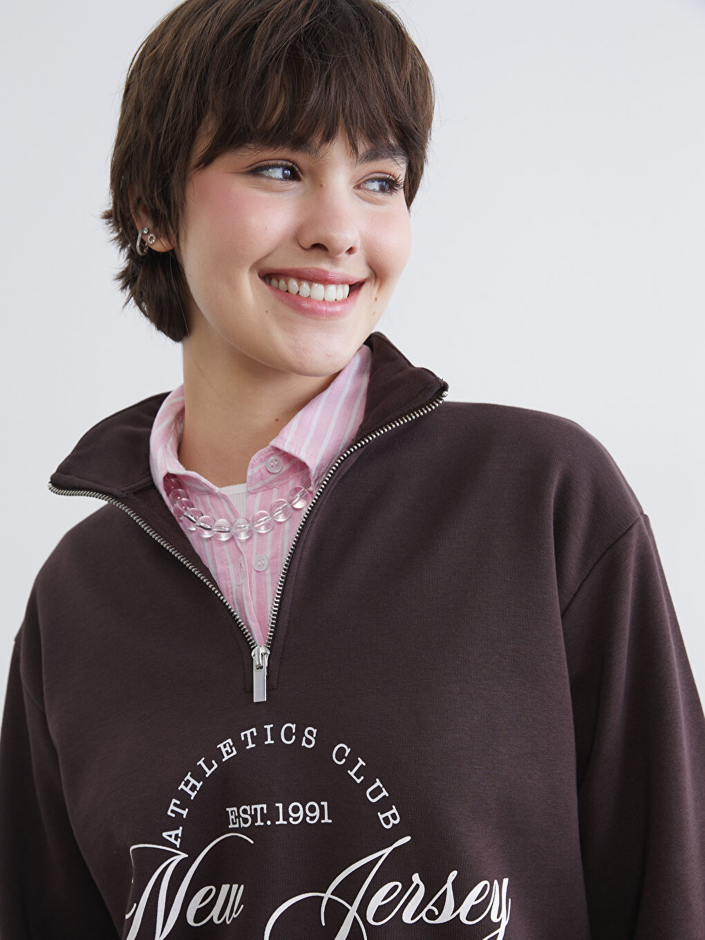 Kahverengi Loose Fit New Jersey Baskılı Kadın Sweatshirt