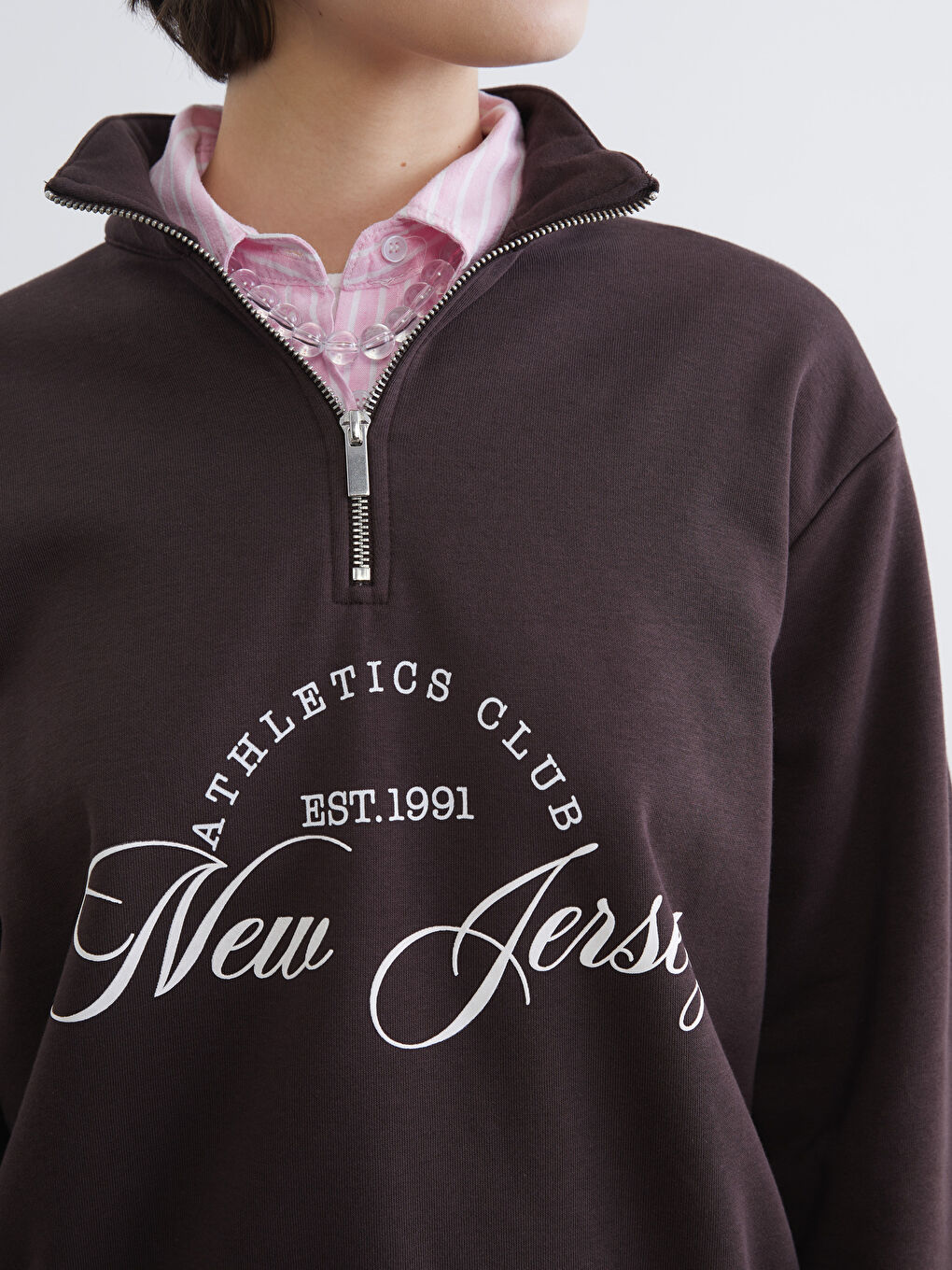 Kahverengi Loose Fit New Jersey Baskılı Kadın Sweatshirt-2