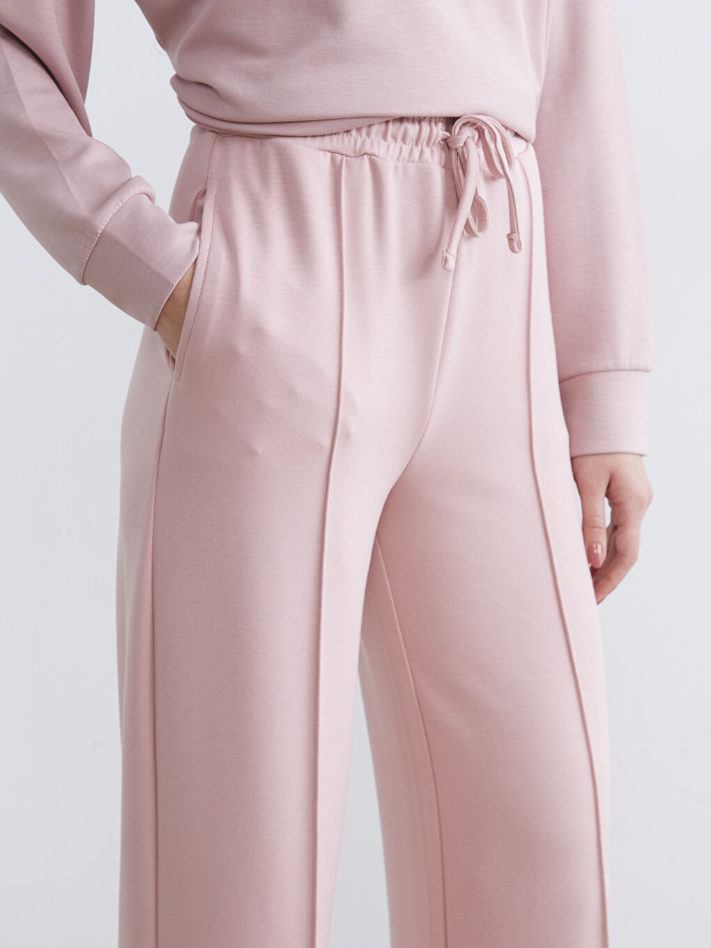 Pembe Beli Lastikli Geniş Paça Kadın Eşofman Altı	-2