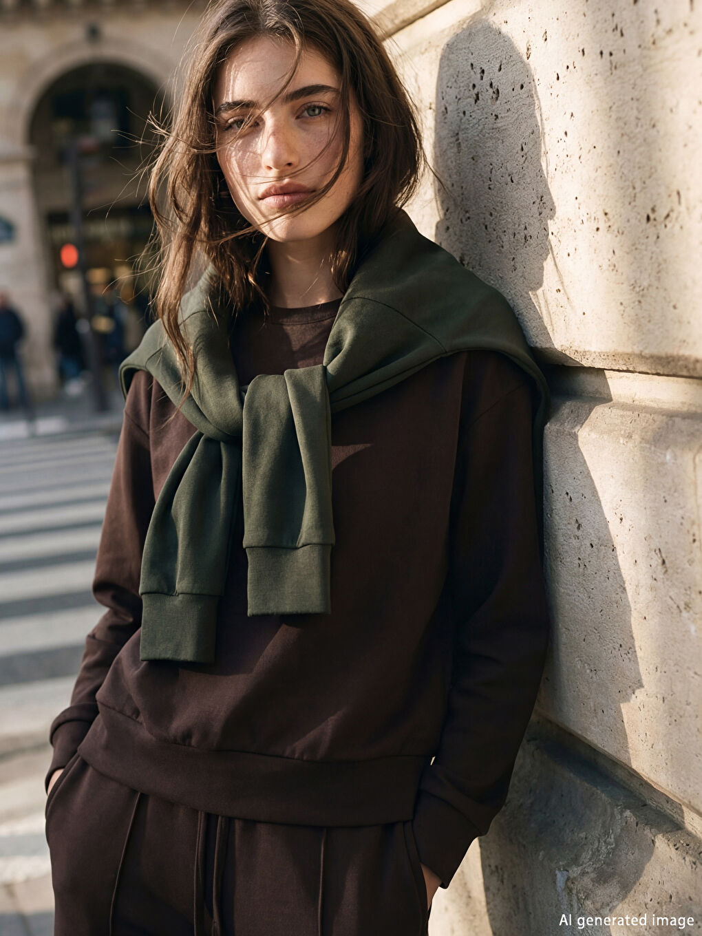 Kahverengi Bisiklet Yaka Soft Touch Kadın Sweatshirt-1