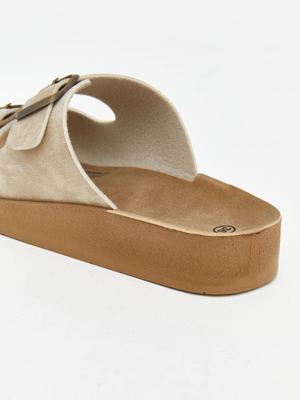 Bej  Çift Bantlı Tokalı Kadın Terlik-4