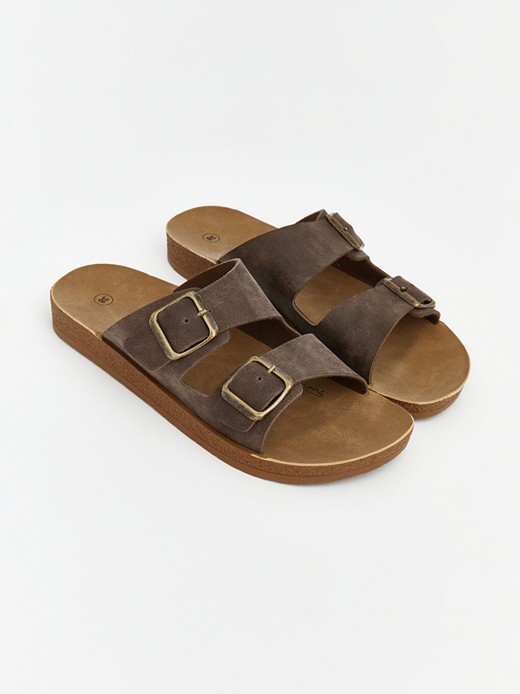 Kahverengi  Çift Bantlı Tokalı Kadın Terlik