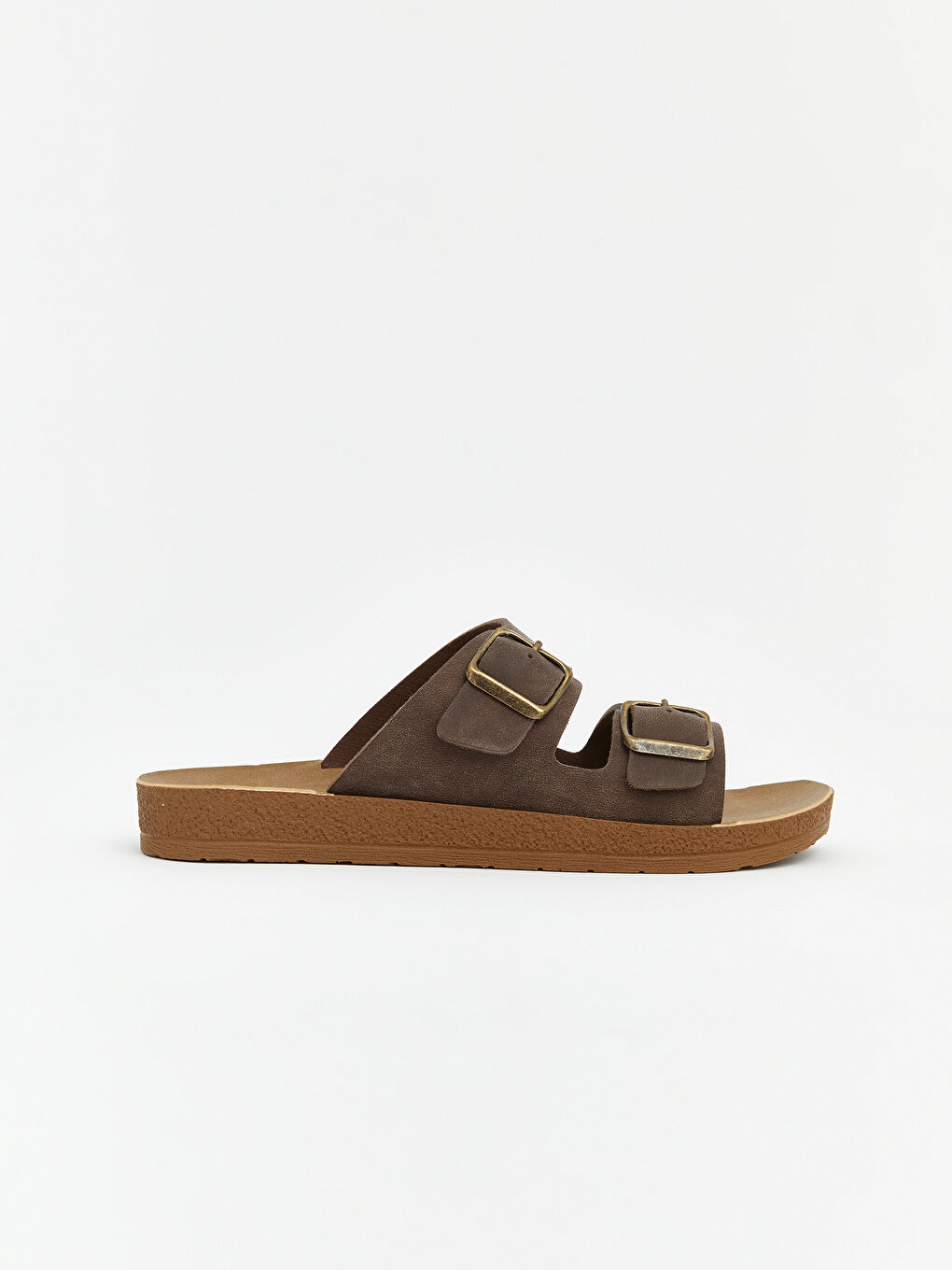 Kahverengi  Çift Bantlı Tokalı Kadın Terlik-1