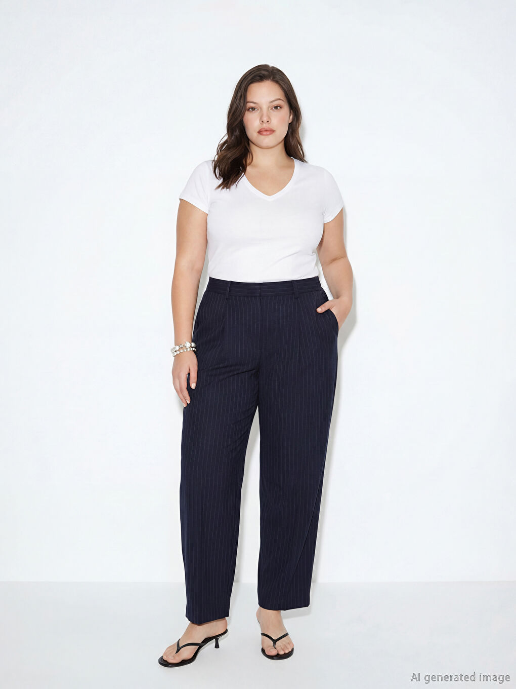 Lacivert Loose Fit Çizgili Kadın Kumaş Pantolon-3