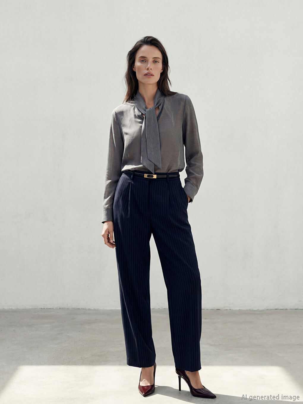 Lacivert Loose Fit Çizgili Kadın Kumaş Pantolon-1