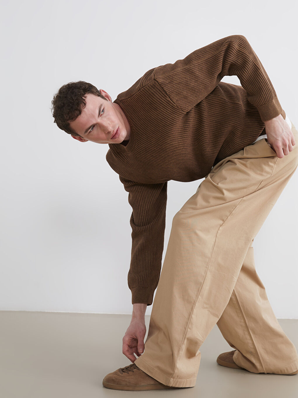 Kahverengi Bisiklet Yaka Erkek Triko Kazak 