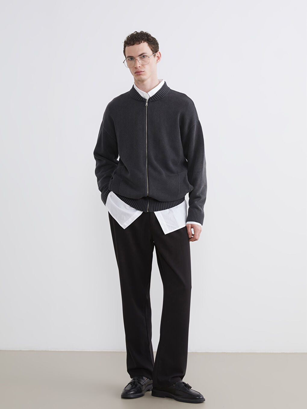 Antrasit Loose Fit Erkek Triko Hırka-1