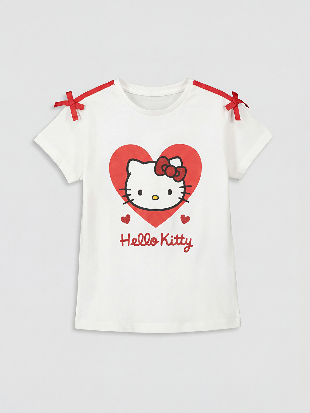Beyaz Bisiklet Yaka Hello Kitty Baskılı Kız Çocuk Tişört