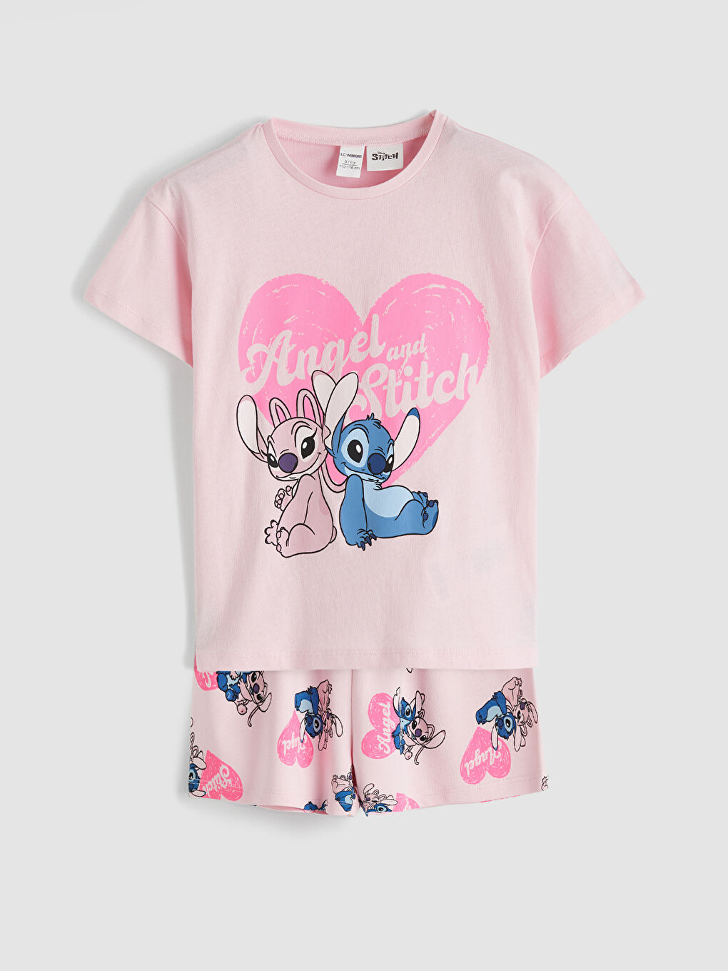 Pembe Stitch ve Angel Baskılı Kız Çocuk Tişört ve Şort	