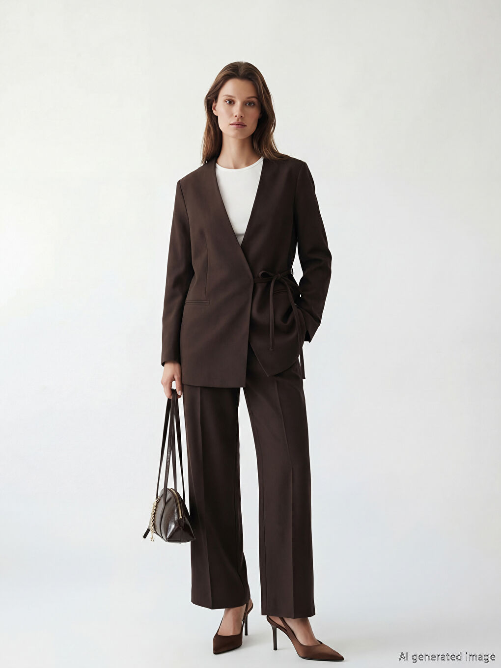 Kahverengi Loose Fit Geniş Paça Kadın Pileli Kumaş Pantolon