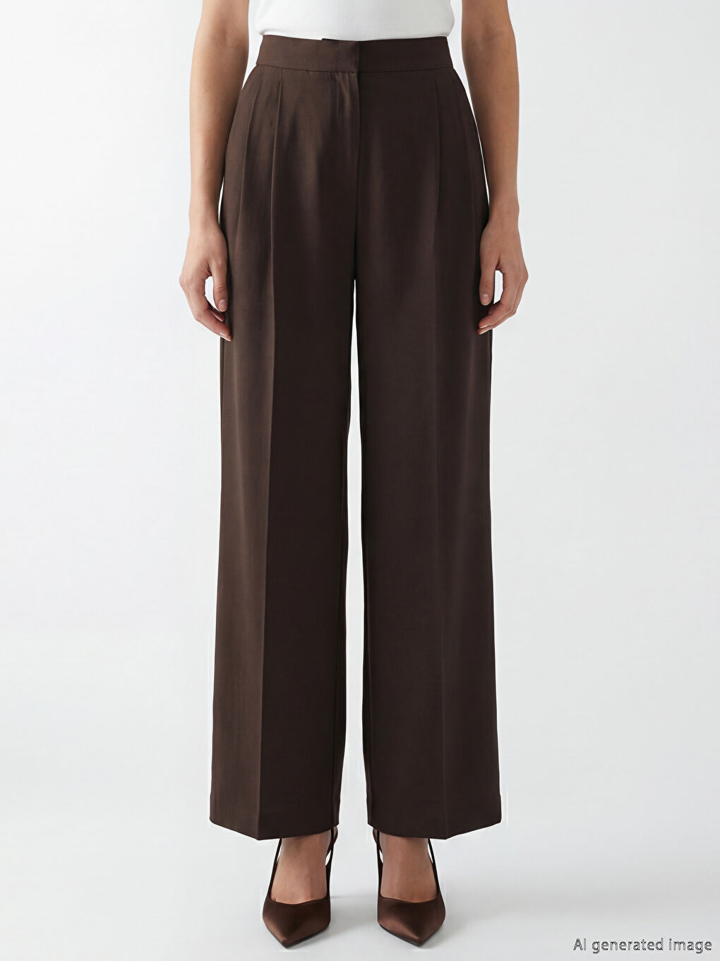 Kahverengi Loose Fit Geniş Paça Kadın Pileli Kumaş Pantolon-2