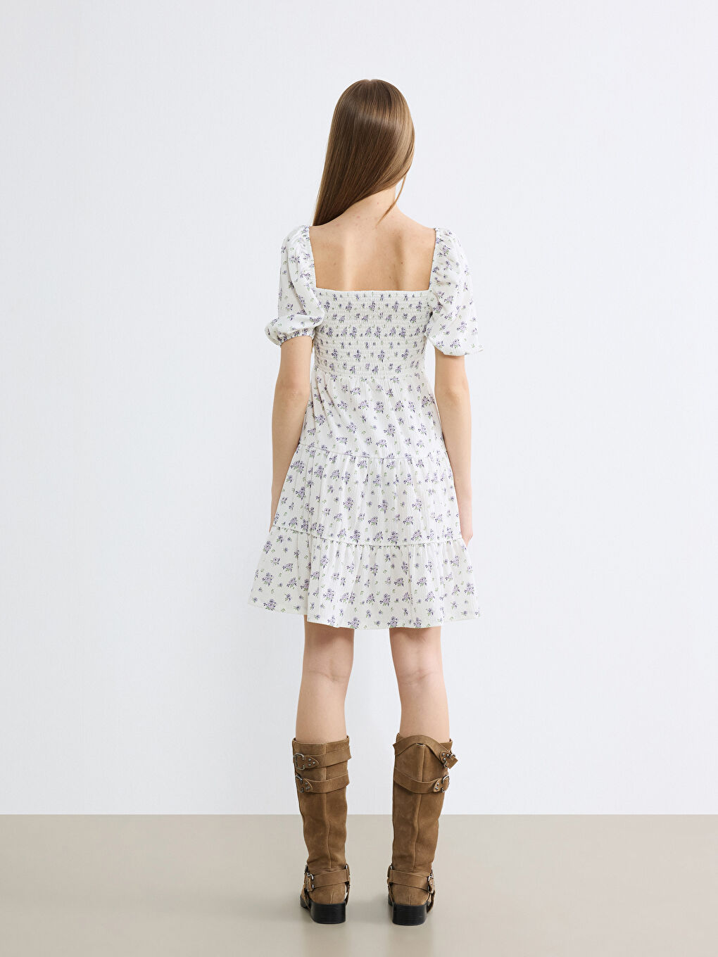 Floral Balloon Sleeve Ruched Mini Dress-2